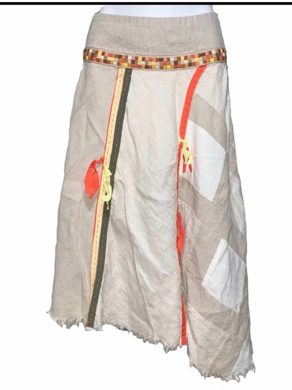 Free People Beige Patchwork Asymmetrcal Skirt with Neon Orange Yellow Trim sz 6